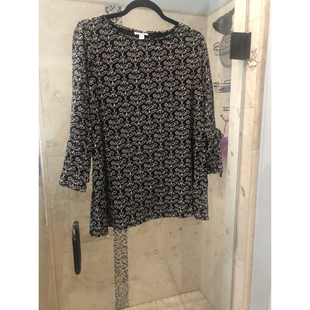 J. Jill Womens Floral Pullover Blouse Top L Cotton  Bell Sleeve Black Tan Print